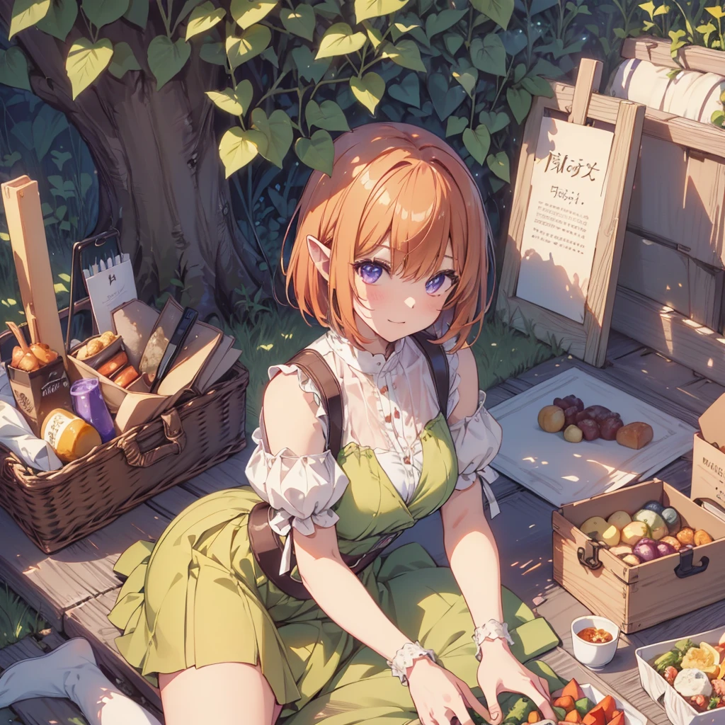 (Recall,food:1.3),(picnic:1.3),basket, Elf Ears, Park with a view, Highest quality, grassland park, blue sky, hiking, Best image quality,Perfect Anatomy,masterpiece,Ultra-detailed,beautiful,super high quality, Highest quality,High resolution, Very detailed,Game CG,Dutch Angle ,beautiful細部までこだわった目,Visual Arts,Five Fingers, Perfect hands,Hide your hands, {{{One Girl}}}, beautiful詳細な***, Game CG, Spring flower, One curl on the outside, Short Bob Hair, Pastel orange hair, Purple eyes,Stylish accessories solo, breast enhancement, Medium Shoot, woman, Take-out, Laughter, huge ,,Pastel green checkered mini skirt,Black knee-highs, {{{{{Wearing a pastel green camisole}}}}},Open your mouth, wonderful, beautiful細部までこだわった目, Highest quality, Very delicate,Masseter muscle area,Highest quality,(Official Art、Highest quality、Unity 8k wallpaper、32K、masterpiece、Ultra-detailed、超High resolution、Realistic、Photorealistic:1.2)、(Cinema Lighting:1.2)、Fire Glow Effect、The most grainy shadows on the film、Side light、Side Shot、(Ultra-detailedで複雑な3Dレンダリング)、Atelier Series, Multiple Girls．