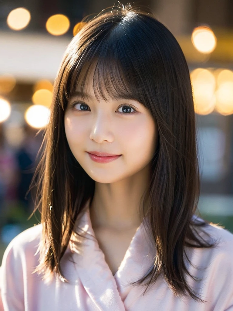 hyper realistic detail, (8k, RAW Photos, Top image quality, A masterpice:1.2), (Exquisite beautiful eyes: 1.2), ((1girl in)), (solo)), (bathrobe:1.4) , (walk:1.2), chest, (finely detailed eyes and detailed face:1.3), (beautiful and clear background:1.2), (extremely details CG, Ultra-detailded, Best Shadows:1.1), ((depth of field)), (water colour),, bare shoulder, Flowers and petals, beautiful concept illustration, (illutst:1.1), (extremely fine and beautiful:1.1)、(Perfect details:1.1)、ram、firework、by night、Realstic、Live Action、a smile、、((No makeup))、(Realistic、Photorealistic、Ultra-detailed、Best detailed skin、Highest quality、masterpiece、超A high resolution)、Cute Japanese Woman、、High school girl、Young girl、1 girl、Has bangs、double eyelid、Drooling eyes、Big black eyes、attractive、purity、cute smile、Natural smile、Watch it here、realistic skin type、Fluffy hair、Red cheeks、The wind is blowing、illumination、The light is coming from behind、Medium Bob Cut、smile、smile