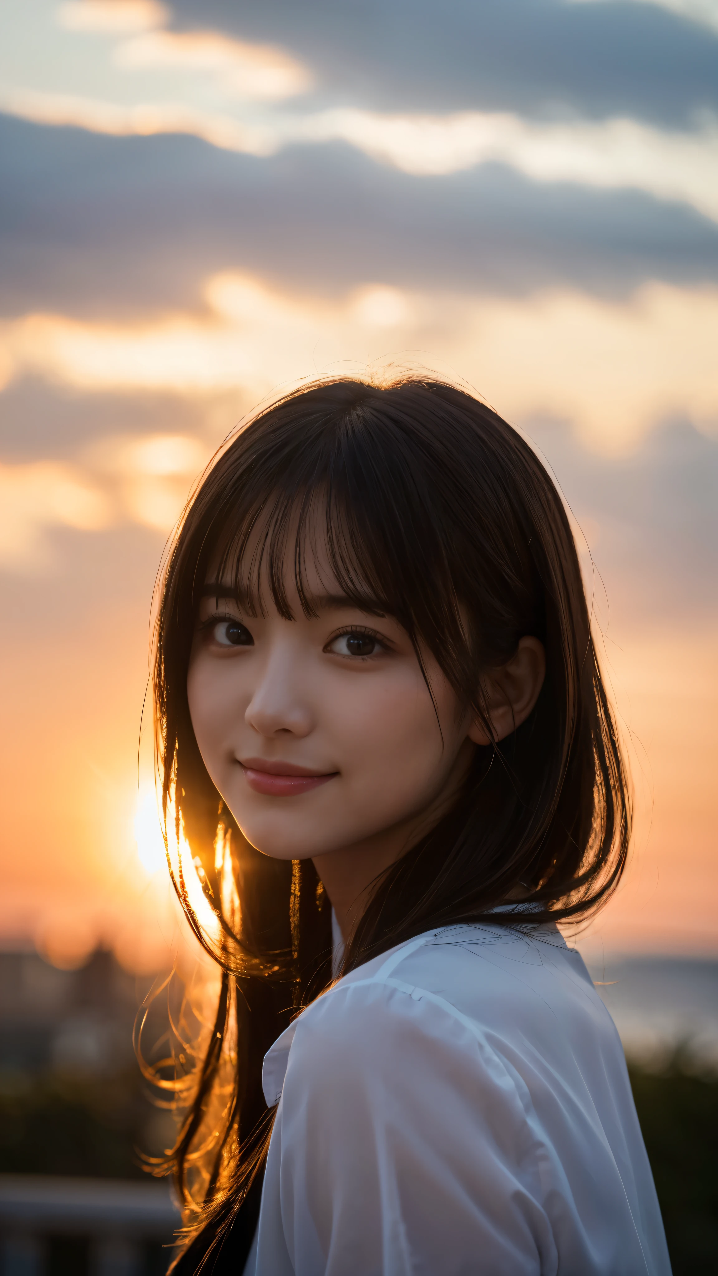 (highest quality,masterpiece:1.3,ultra high resolution),(Super detailed,caustics,8k),(photorealistic:1.4,RAW shooting),[lora:siitake-eye:0.5],(High Position:1.2),(high angle:1.2),(side shot:1.1),(Landscape),(profile),Japanese,28 years old,cute,smile,(Black hair fluttering in the wind:1.2),Middle hair,(big ),white blouse,(face focus),(Face close-up),(bust up shot),(sunset sky),soft light,Natural light,professional writing,Lens flare
