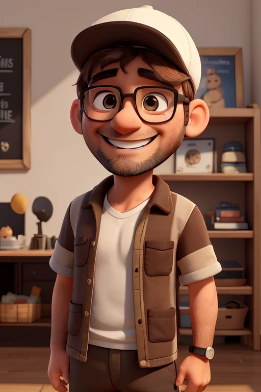 a photo of vini tess, a 38 year old man, happy and smiling, white, wearing a cap, brown eyes, glasses, bearded, black shirt, brown shorts, looking at the camera
