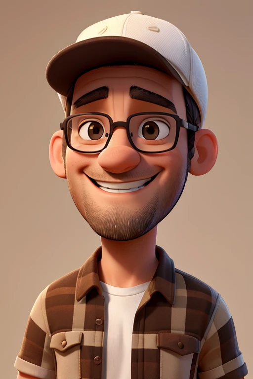 a photo of vini tess, a 38 year old man, happy and smiling, white, wearing a cap, brown eyes, glasses, bearded, black shirt, brown shorts, looking at the camera