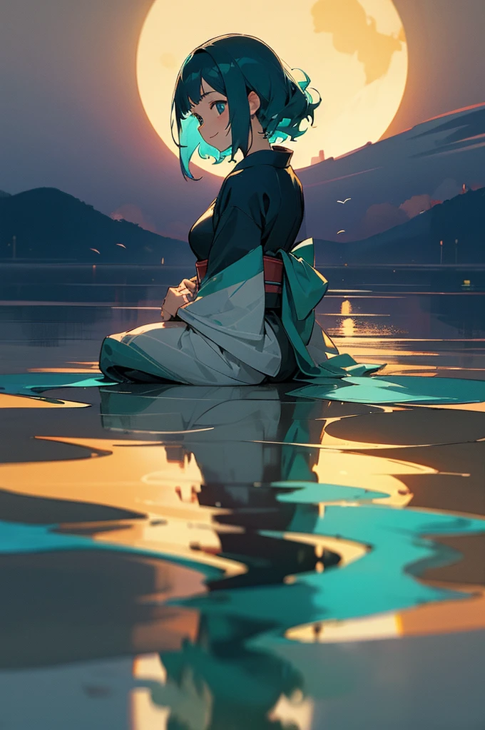 masterpiece, best quality, ultra detailed, outdoors, nature,shore, {simple background},reflective water, a girl, samurai, happy, smiling, sitting on the floor, looking away,medium hair, curly, aqua hair, odd eyes, droopy eyes, pale skin, beautiful breasts, Indigo-colored kimono, {with a perfect circle of one full moon} , in the evening, nostalgic atmosphere, cel anime, full body shot, on right, from behind, golden ratio, golden hour, directional light, in focus with blurred background, Dark_Indigo