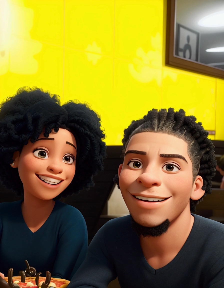 there are two people sitting at a table with a pizza, with afro, jordan lamarre - wan, casal feliz, powder Nándor Katona, smiling couple, They are in love, Lovely couple, couple portrait, charli bowater and artgeem, looking happy, Mom and Dad, taken at the beginning of 2020