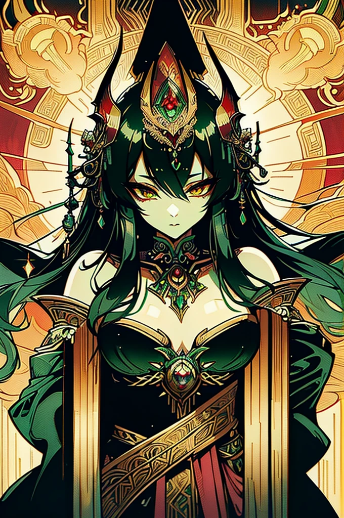 A digital anime showcasing a resplendently adorned goblin queen, its every feature bursting with intricate details: intricate patterns of glowing runes etched into its emerald green skin, elaborate golden armor with gem-encrusted accents, and piercing crimson eyes that seem to sparkle with malevolent intelligence. The image is a meticulously crafted digital painting, showcasing the vibrant colors and intricate linework. This stunning depiction merges opulence with menace, capturing the essence of a regal yet sinister fantasy character.