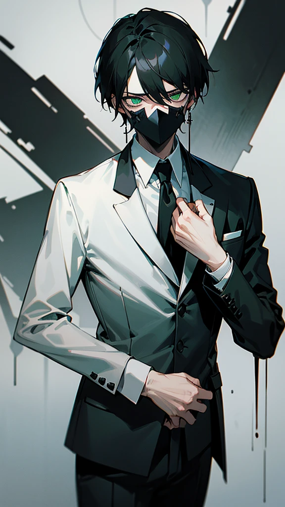 Death is a young male,expressionless face,The eyes are grim,Short black hair,green pupils,wearing white mask,Wearing black suit and white shirt,Wearing a silver cross necklace around her neck,hand holding notebook