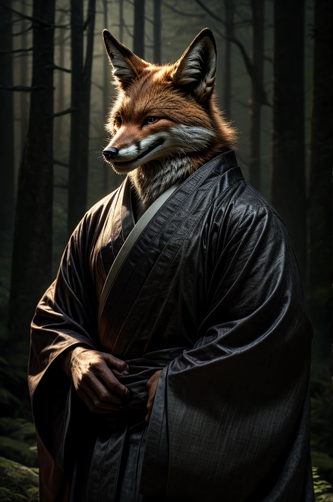 fox, male, all body, realistic, kimono, elderly, smile, japanese forest, dark forest, spooky atmosphere,