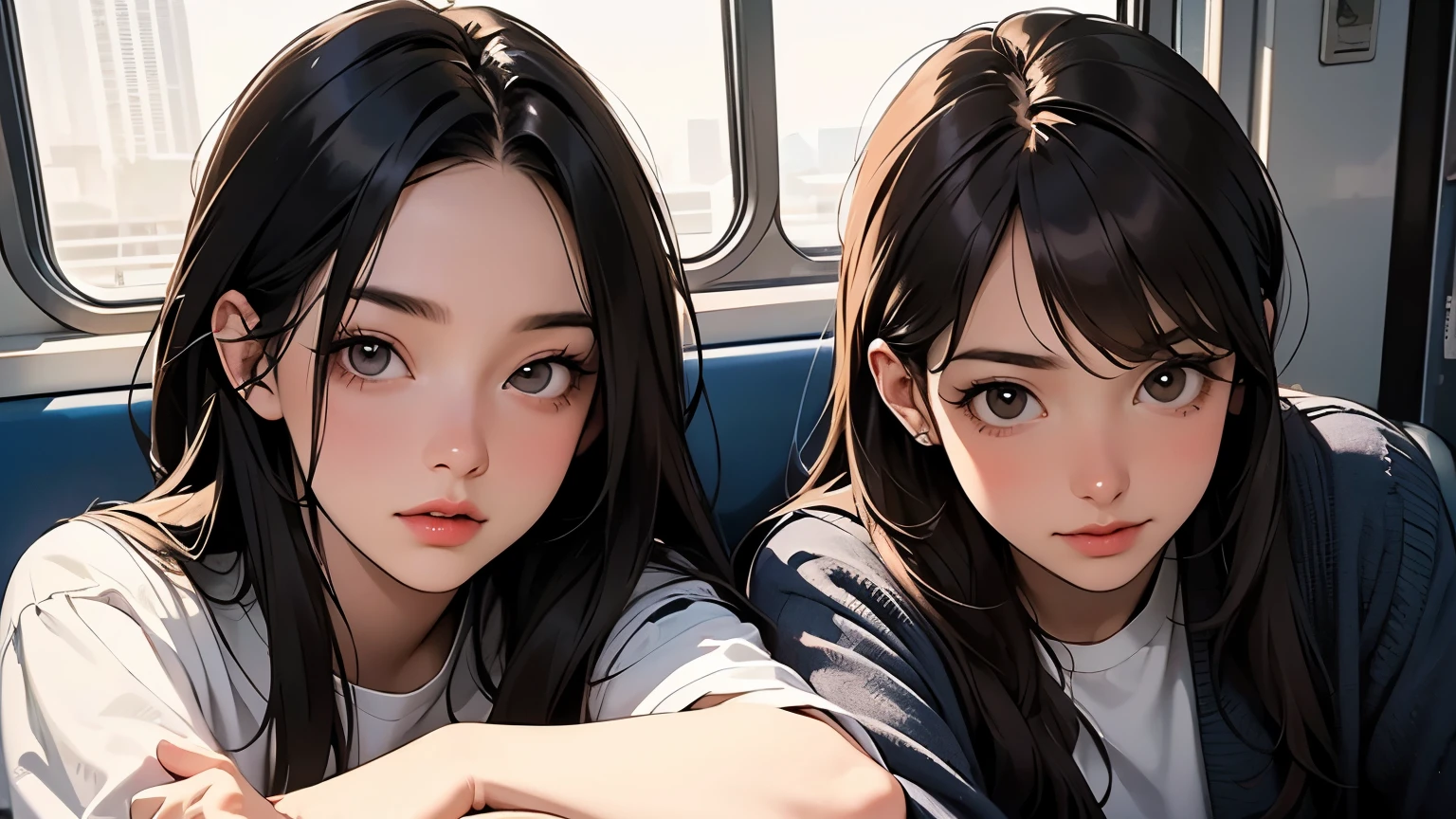 Two beautiful women are sitting side by side on train seats. Twenty years old. He looks a little worried. Detailed drawing of the face. Dark brown hair.
