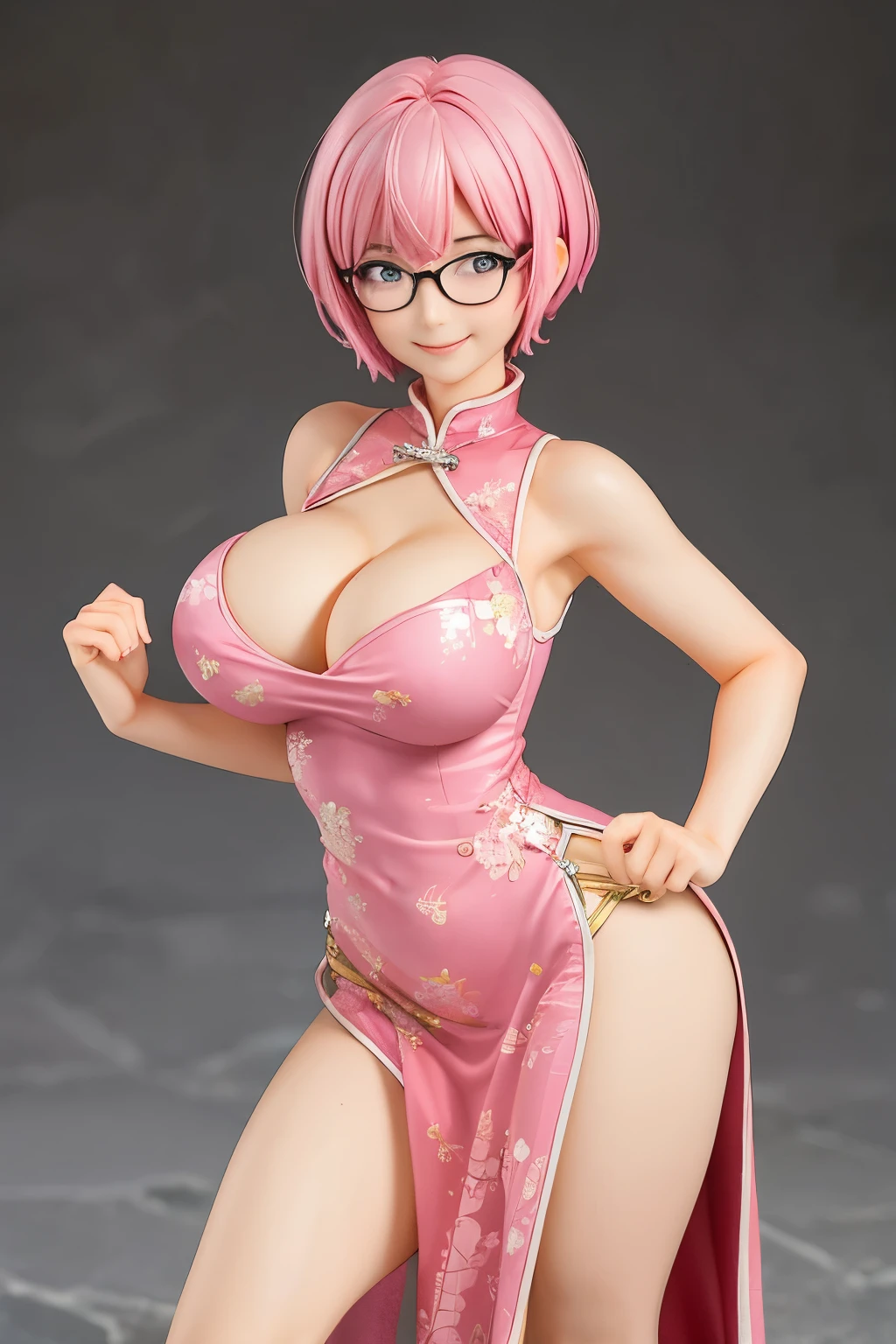 Figure of a mature woman, pink short hair, big breast, sweaty cleavage, smile, china dress, glasses