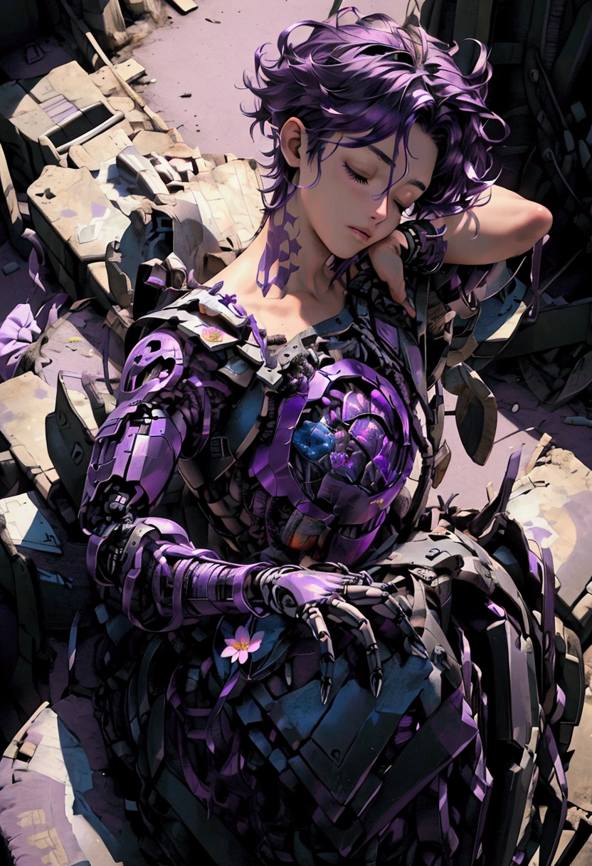 ((Artwork, high quality)), (a robotic hand emerging from a pile of trash and scrap), (delicately holding a flower), (attached to the arm of a teenage boy), (the rest of his body buried beneath the junk), (purple hair), (eyes closed, giving the impression of lifelessness), (environment completely filled with junk).






