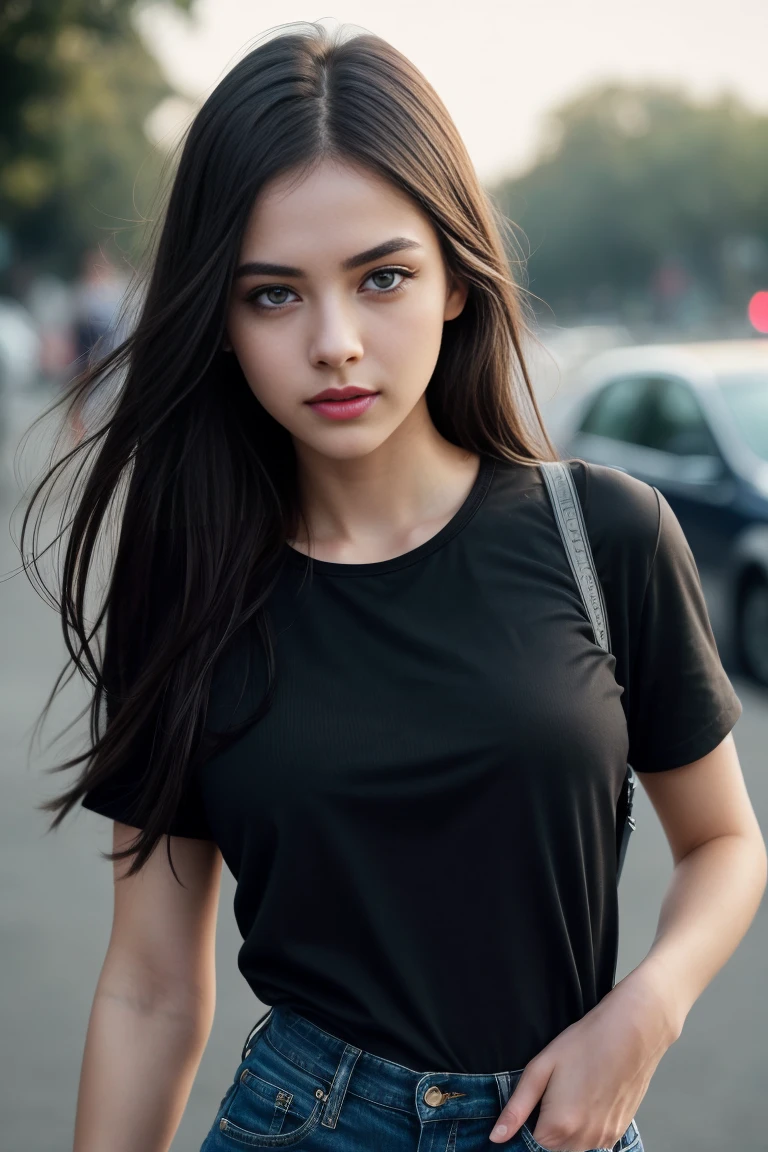 realistic young girl, beautiful detailed eyes, beautiful detailed lips, extremely detailed eyes and face, longeyelashes, 1girl, short black sleeve shirt, short jeans, visible legs, slim figure, photorealistic, 8k, hyper detailed, masterpiece, cinematic lighting, vibrant colors, dramatic lighting, dramatic pose, elegant, fashion style, natural light