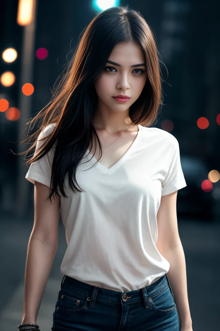 realistic young girl, beautiful detailed eyes, beautiful detailed lips, extremely detailed eyes and face, longeyelashes, 1girl, short black sleeve shirt, short jeans, visible legs, slim figure, photorealistic, 8k, hyper detailed, masterpiece, cinematic lighting, vibrant colors, dramatic lighting, dramatic pose, elegant, fashion style, natural light