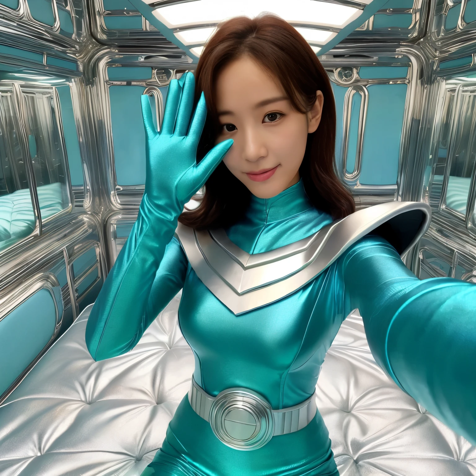 best image quality、Super high resolution、(realism:1.4)、Korean beauty star、The most beautiful KPOP star、horny face、Horny Korean makeup、erotic expression、A body that makes you want to touch it、erotic photos、((Realistic shiny satin fabric texture、High-gloss stretch satin fabric that is smooth and smooth to the touch.、The drape of the curved part of the shiny satin fabric、strong shiny costume、The smooth and beautiful quality and luster of the costumes、A shiny costume made of high-quality satin fabric with high density.、Smooth to the touch oil light liang ultra-class battleship skin coat COS、Super SentaiWomen&HeroineSuit、Texture of costumes that satin fetishists respond to、Thin, glossy stretch satin fabric)),8K photo quality