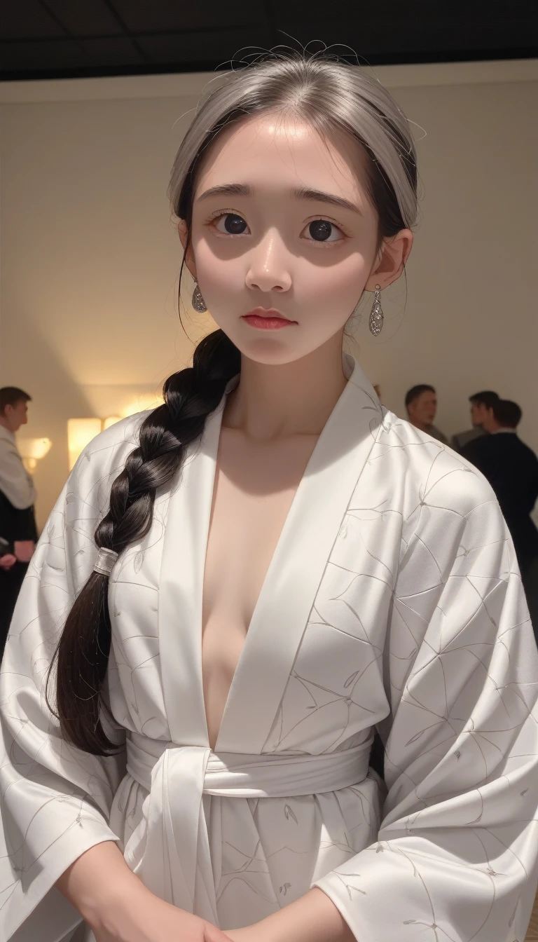 (best quality, masterpiece:1.2), Ultra-high resolution, Practical, forward lighting, Intricate details, Exquisite details and textures, 1 Girl, Solitary ,(young), Facial highlights, Upper Body, Delicate face, Tear mole, White skin, Silver Hair, Ponytail, Braided hair, Looking at the audience, big eyes, silk robe, (Hollow pattern, White, silk), earrings, Small Breasts, slim, VIP room, Professional lighting, Photon Mapping, Radiosity, Physically Based Rendering,