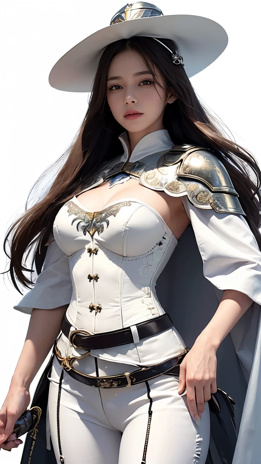 model、Female Knight、Wearing a white and gold cloak、She is wearing a floral corset、Wearing white pants、Holding a sword、Long Hair、White background、wearing a long-brimmed hat、A little bit of your belly button is visible、Three belts around his waist、White background、cool、Wearing a white dress shirt