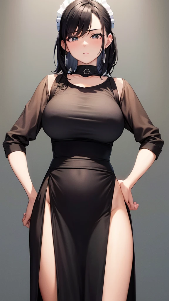 {masterpiece},high quality, 4K, 2D, 1 girl,simple background, 43 yo,attractive mature lady, standing,sagging breast,Maid clothes,front face,attractive mature lady,black hair tied into a chignon, {from right in front of face and body},View viewers from front,{front facing shot}