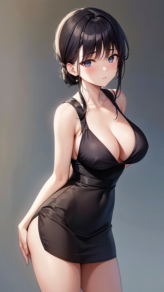 {masterpiece},high quality, 4K, 2D, 1 girl,simple background, 43 yo,attractive mature lady, standing,sagging breast,Maid clothes,front face,attractive mature lady,black hair tied into a chignon, {from right in front of face and body},View viewers from front,{front facing shot}