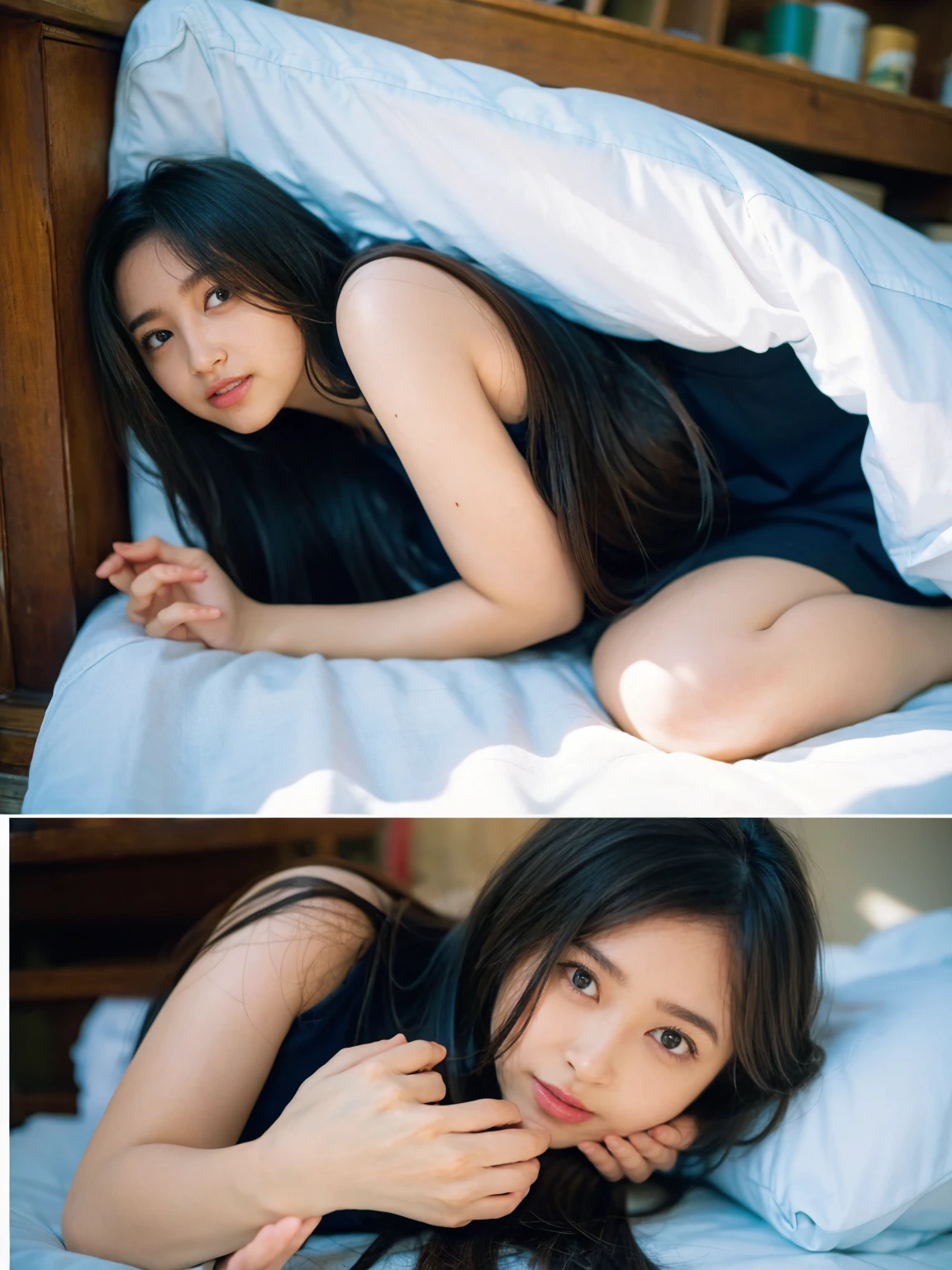 (((Highest quality,Very detailed,masterpiece,Very detailed))) ,(((crawl:1.5))),((Bend your knees)),Loose breasts,See-through,camisole,one piece,barefoot,One Girl,Realistic,Bedroom、Looks sleepy
