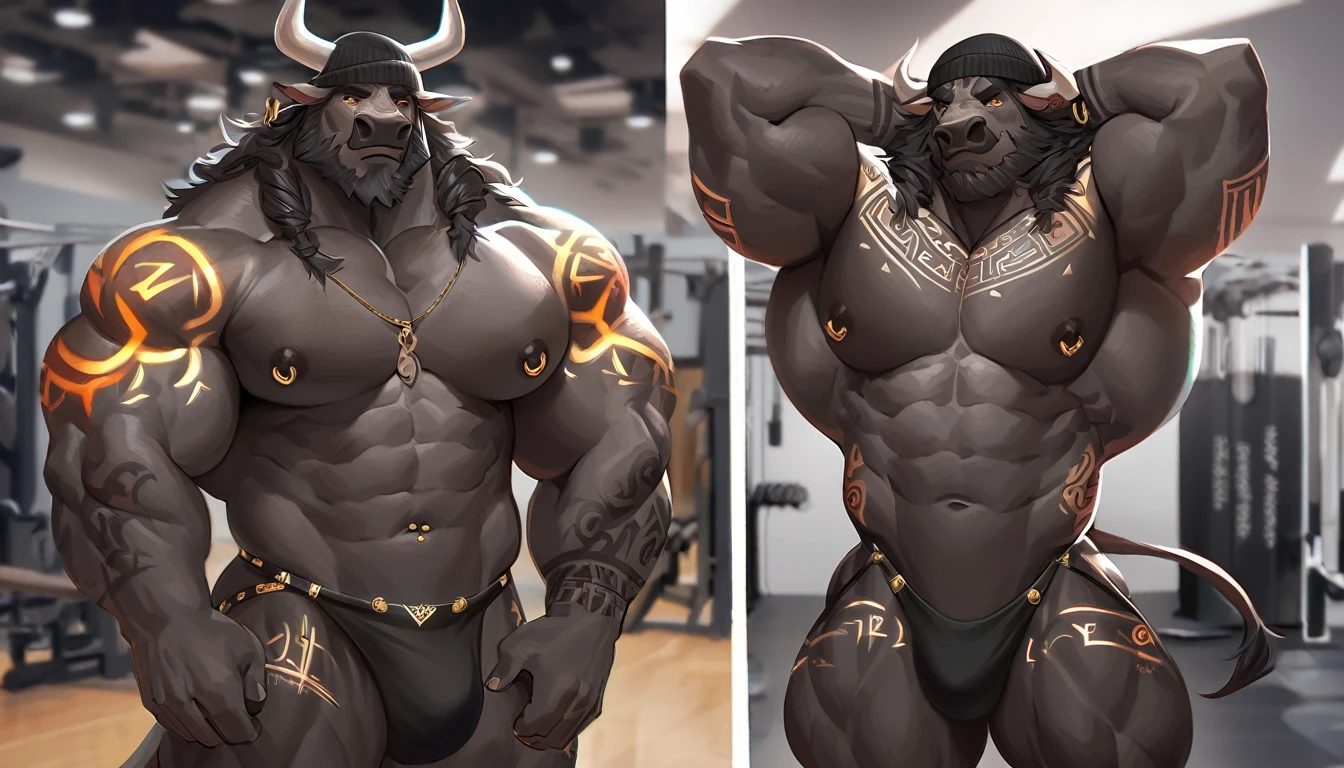 bara black bull, rune tattoos, glowing tattoos, strong physique, earrings, punk aesthetic,  piercings, bangs,amber eyes, black messy hair, muscular physique, wearing beanie, character design, huge pecs, wearing thong, perfect anatomy,nipple piercings, solo, masterpiece, beard, amazing shading, full body view, detailed hands, detailed eyes, detailed face, detailed arms,anthro, muscular, abs, (detailed:1.5), male, arms behind head, in gym, great muscles, detailed, masterpiece, best quality, 24k