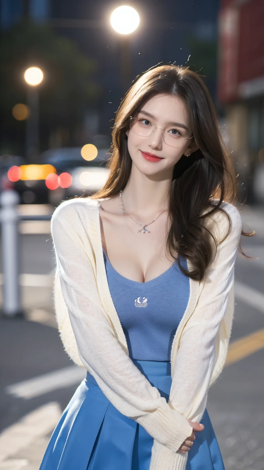 (Canon RF85mm f/1.2), (8k, original photo, best quality), (masterpiece), (Practical, photograph Practical), (Extremely detailed, High Detail, Best image quality, Very detailed, high resolution, Very detailed, Description of Extremely detailed, very good, Extremely exquisite and beautiful work), Beautiful and delicate girl, whole body, ((Perfect body)), ((cardigan,Wedding dress)),((Blue Skirt)) ((Pantyhose)), ((Bud)),Very detailed eyes and face, White skin, Noble and beautiful, ((Delicate skin texture, pores)), Perfect anatomical structure, Beautiful Body, Delicate face, Lean abdominal muscles, Slim waist), BIG ASS, (Large Breasts, Breast enlargement), (Soulful gaze, soulful eyes, Glowing eyes), (Beautiful clear eyes), (Bounce Curly Messy Long Hair), (Smile:1.2), (Fascinated expression), (Beautiful appearance), ((wear glasses)), earrings, necklace, ((night)), ((Street View, moonlight)), Physically Based Rendering, Realistic lighting, ((Looking at the audience)), ((eternal)), ((Happy and shy))