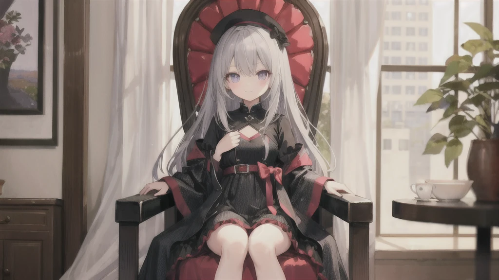 ((Highest quality)), ((masterpiece)), (detailed), Dress in black,A little purple color in the clothes,A bit of a landmine outfit,Gray Hair,Long Hair,Dumpling,Illustrated style,Sitting in a chair,Oblique view,A little gentle,woman,Small breasts