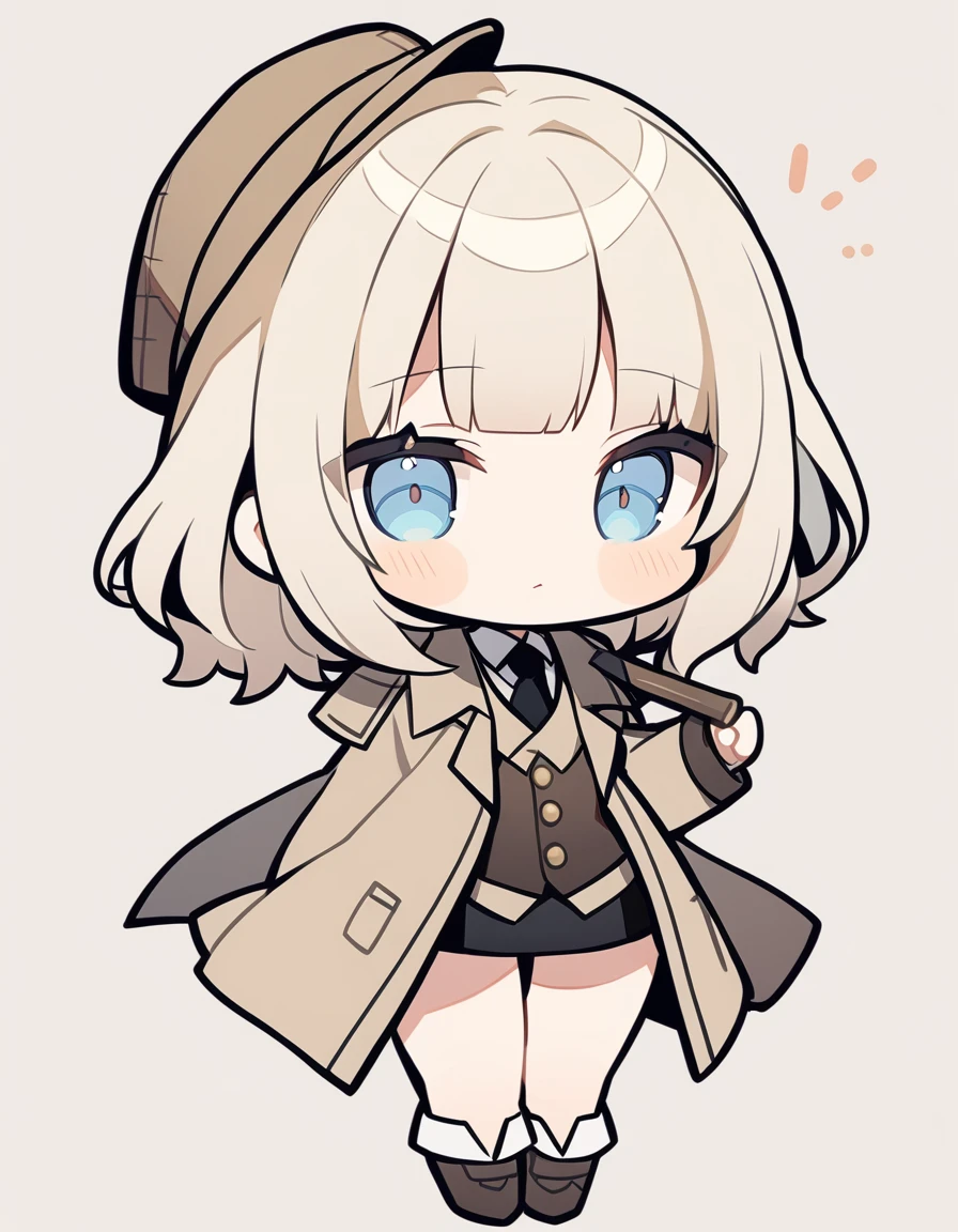 One girl, Beige hair、long、Bangs、Detective Suit、chibi,Light blue eyes、simple background