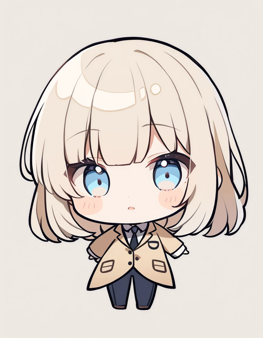 One girl, Beige hair、long、Bangs、Detective Suit、chibi,Light blue eyes、simple background