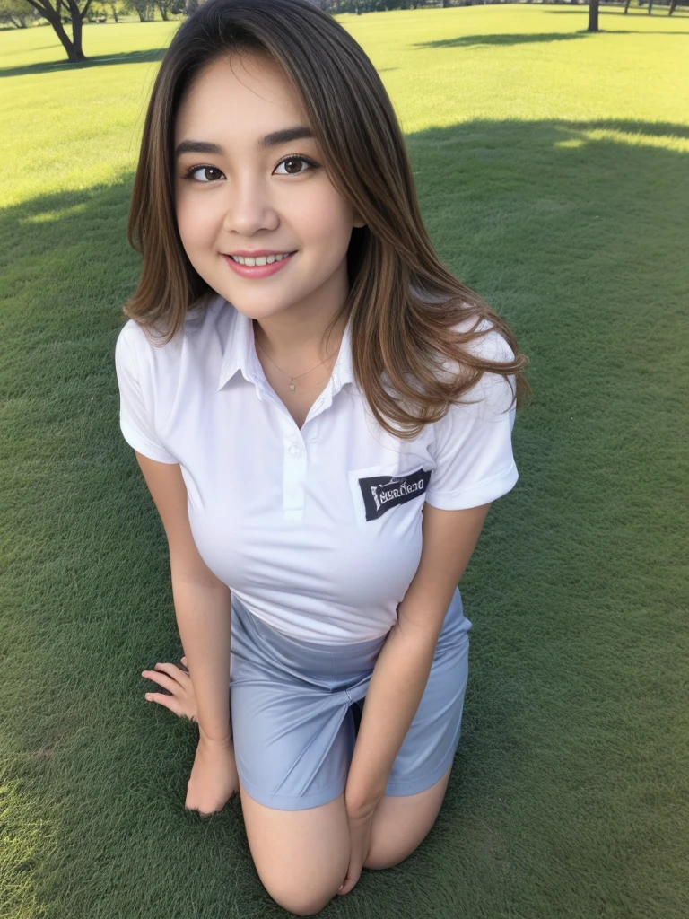 1girl, solo, (uniform), standing, outdoors, (ultra wide angle shot: 1.37), (distance from camera: 1.5), beautiful surprising scenery, detailed face, seductive smile, detailed eyes, thick breasts, smooth skin, tight white shirt, grey blue short skirt, looking at the audience, low angle shot,(8k, RAW photo, best quality, masterpiece: 1.2), (realistic, realistic: 1.37), ultra-high resolution