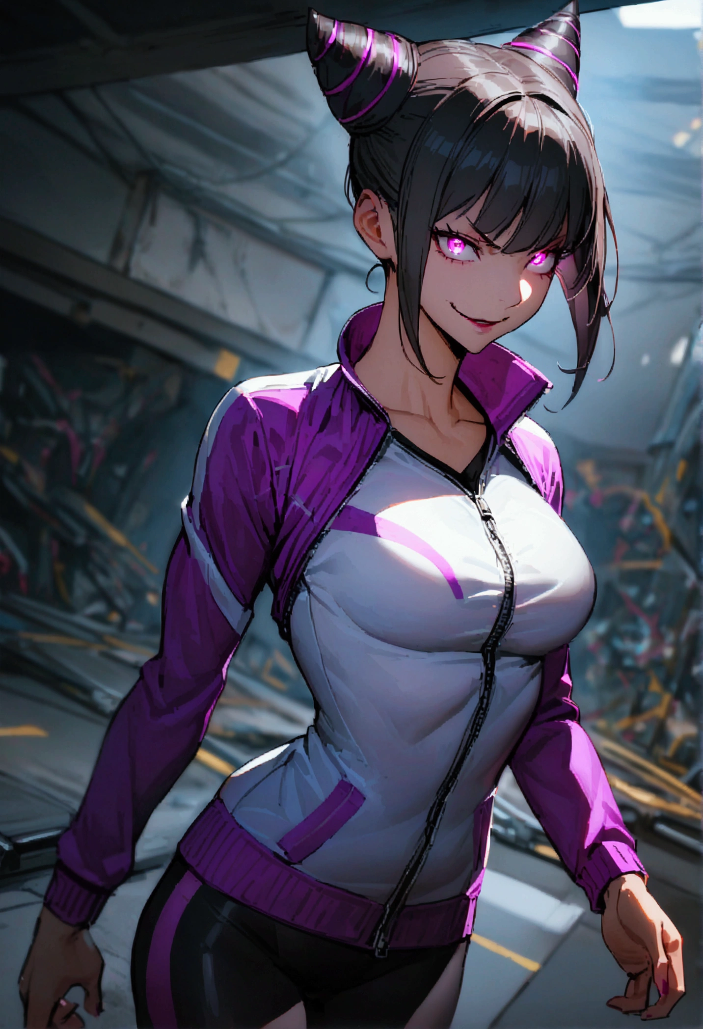 beautiful young fitness woman with , in a gym wearing May with black pantyhose, tight white and purple gym jacket. standing alone,hair horns,glowing purple eyes,Evil smile,legging preto