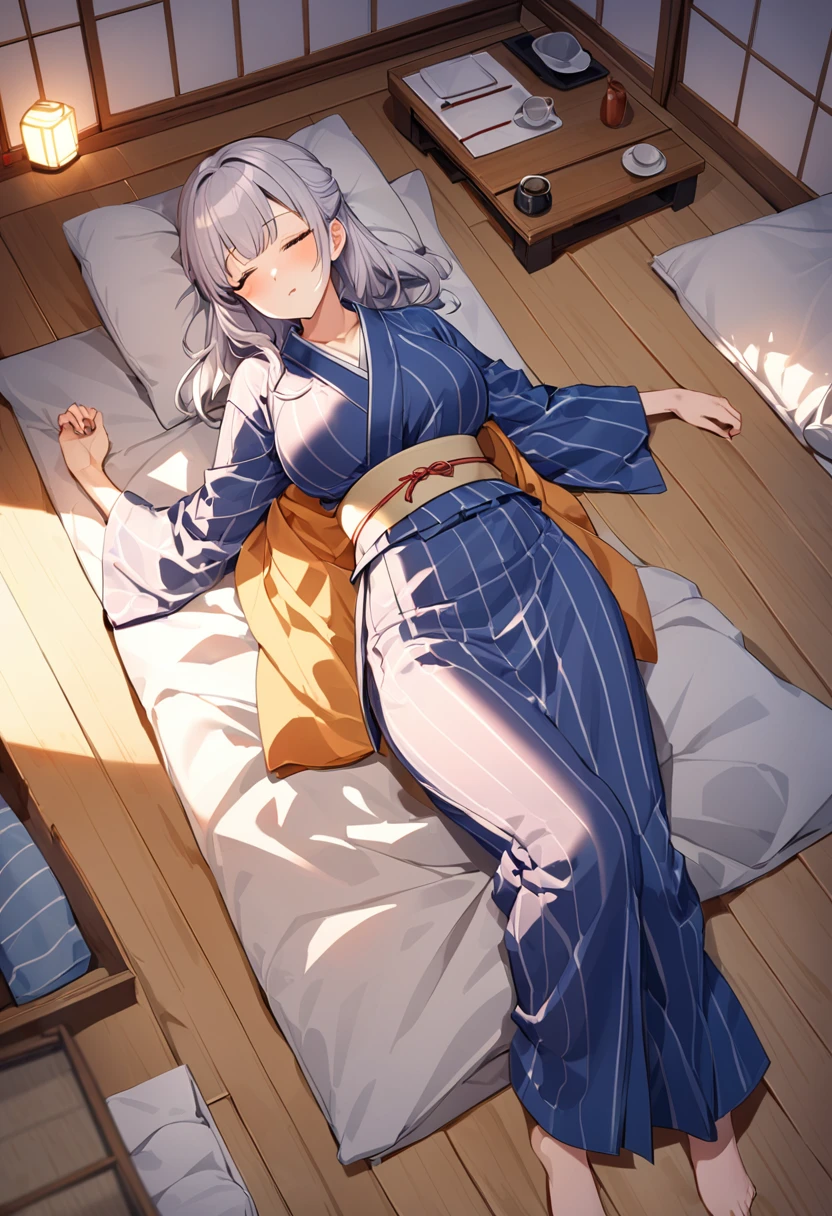 28 years old, A beautiful woman,Beautiful breasts,Hot spring inn,Japanese-style room,Open yukata,futon,Woman lying on her back,Sleep Style,In heat