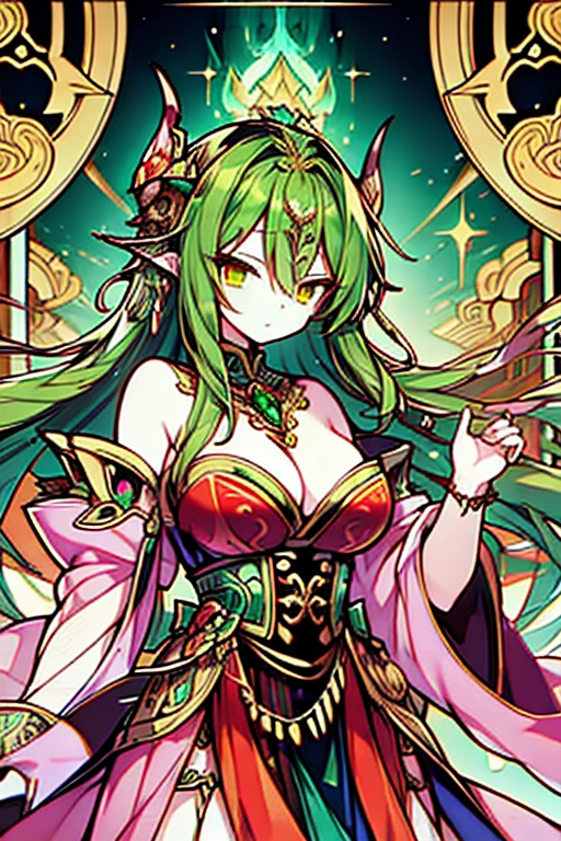 A digital anime showcasing a resplendently adorned goblin queen, its every feature bursting with intricate details: intricate patterns of glowing runes etched into its emerald green skin, elaborate golden armor with gem-encrusted accents, and piercing crimson eyes that seem to sparkle with malevolent intelligence. The image is a meticulously crafted digital painting, showcasing the vibrant colors and intricate linework. This stunning depiction merges opulence with menace, capturing the essence of a regal yet sinister fantasy character.