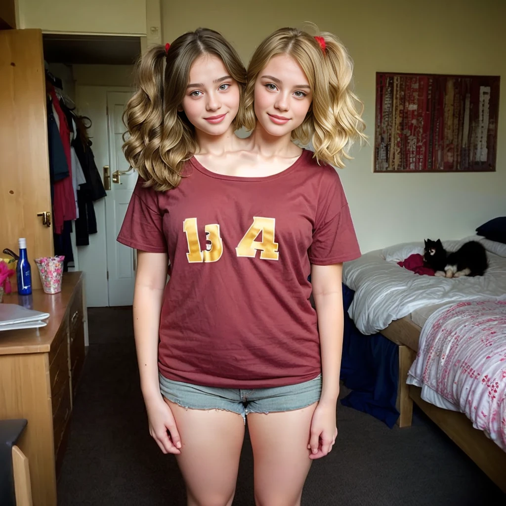 2heads, two headed girl, (two legs:1.5), (13 year old girl:1.4), (red hair:1.5), (blonde hair:1.5)