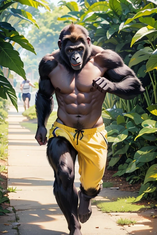 Gorilla running while eating a banana