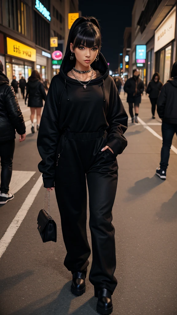 Alisha Lehmann skinny sexy model, black hair with Chinese bangs She is wearing a big oversized black hoodie oversized street wear tendy wear hands in pockets and big baggy oversized black sweatpants she has small sexy breasts ankle boots heels sexy skinny thighs,full body view,night out streets wearing big hooves earrings, necklace chain,no tattoo walking , big hooves earrings,  facing the camera full body view hands in pockets all fingers in pockets oversized high waist baggy pants