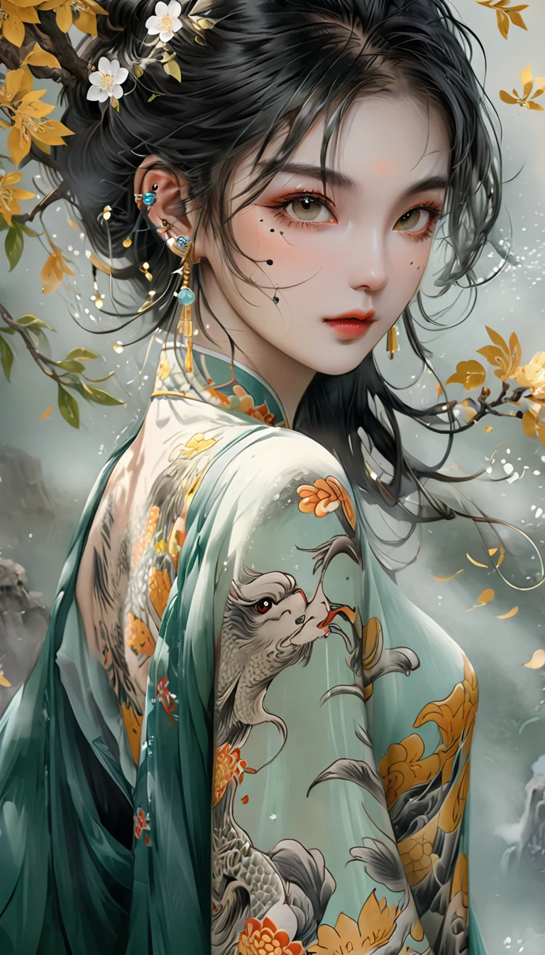 Chinese Beauty, Charming temperament, floating long dress, Clear face, beautiful eyes, Around osmanthus flowers, A masterpiece of perfect body structure proportions, Very detailed, Epic creation, Color Tattoo Art, Neo-Traditional Tattoo Art, SD tattoo design, Color Tattoo Art, mystery、enthusiasm、Friendly atmosphere, Surrealism, Ultra HD, high quality, best quality, 32K --v 6