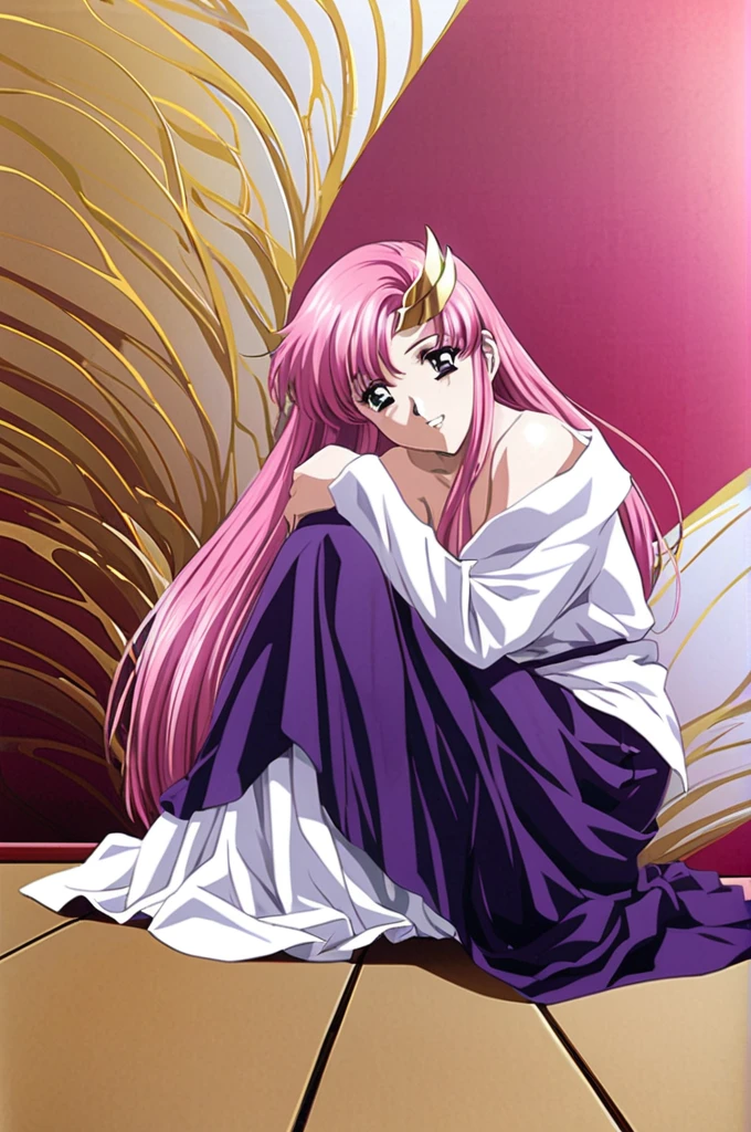 ((64k，Ultra-high resolution，Ultra high quality，masterpiece，Hyperrealistic，Young and adorable, beautiful, young, adorable，young woman，Full body photo，Full body angle，Whole Body Ezbian，))，GundamSEED，Lacus Clyne，Pink Hairの毛，Blue Eyes，Detailed eyes,Detailed skin,Detailed face,Shiny skin,Detailed Hair,White skin,Perfect lighting,Glossy Lips,京都animeーション, animeカラーリング  ,Klein Lake,GundamSEED , Pink Hair, Straight hair,blue eyes , (((hair ornaments, White sleeves,豪華なWhite Dress, 豪華なPurple Skirt, 贅沢なLong skirt))),Very long hair, Bare shoulders, Star background，1980s \(style\),anime, Lacus 1, One girl, alone, hair ornaments, White sleeves, blue eyes, White Dress, Purple Skirt, Long skirt, Very long hair, Bare shoulders, Large Breasts, smile, Gundam, On the floor,retro artstyle,Water Lake，Swimsuit，Yukata，smile，Many beautiful flowers are blooming，In a dress