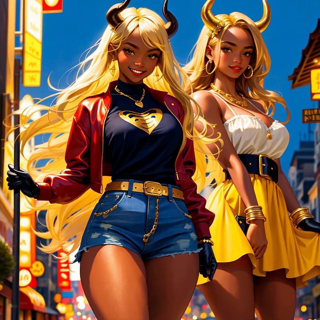 ((best quality)), ((masterpiece)), (detailed), 1girl, one girl, 8k_wallpaper, extremely detailed eyes, extremely detailed body, beautiful face, perfect face, detailed ((blonde hair)), (gold eyes), (( big blue horns)), {{dark skin}}, ({dark skinned female}), gigantic breasts, thick thighs, strong arm and leg muscles, strong abdominal muscles, Korean girl, a predatory mischievous smile with fangs, a vulgar smile, a playful look, style - a hot rock girl, a dark red open jacket with rolled up sleeves, a belt of yellow silk and gold chains, gold bracelets and leather short gloves, short denim mini shorts through which the outlines of a wet woman appear pussy, a rock guitar hanging behind his back, walking down the street of the evening city,