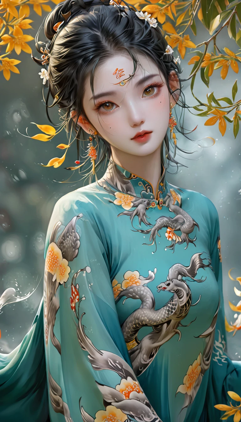 Chinese Beauty, Charming temperament, floating long dress, Clear face, beautiful eyes, Around osmanthus flowers, A masterpiece of perfect body structure proportions, Very detailed, Epic creation, Color Tattoo Art, Neo-Traditional Tattoo Art, SD tattoo design, Color Tattoo Art, mystery、enthusiasm、Friendly atmosphere, Surrealism, Ultra HD, high quality, best quality, 32K --v 6