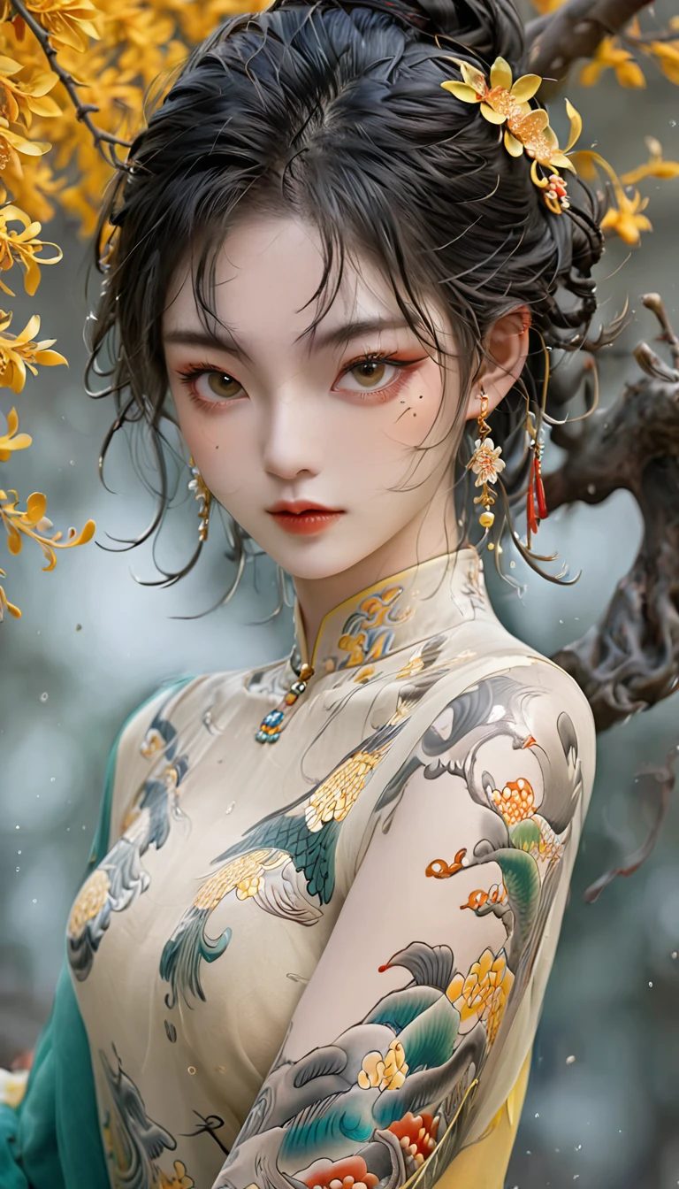 Chinese Beauty, Charming temperament, floating long dress, Clear face, beautiful eyes, Around osmanthus flowers, A masterpiece of perfect body structure proportions, Very detailed, Epic creation, Color Tattoo Art, Neo-Traditional Tattoo Art, SD tattoo design, Color Tattoo Art, mystery、enthusiasm、Friendly atmosphere, Surrealism, Ultra HD, high quality, best quality, 32K --v 6