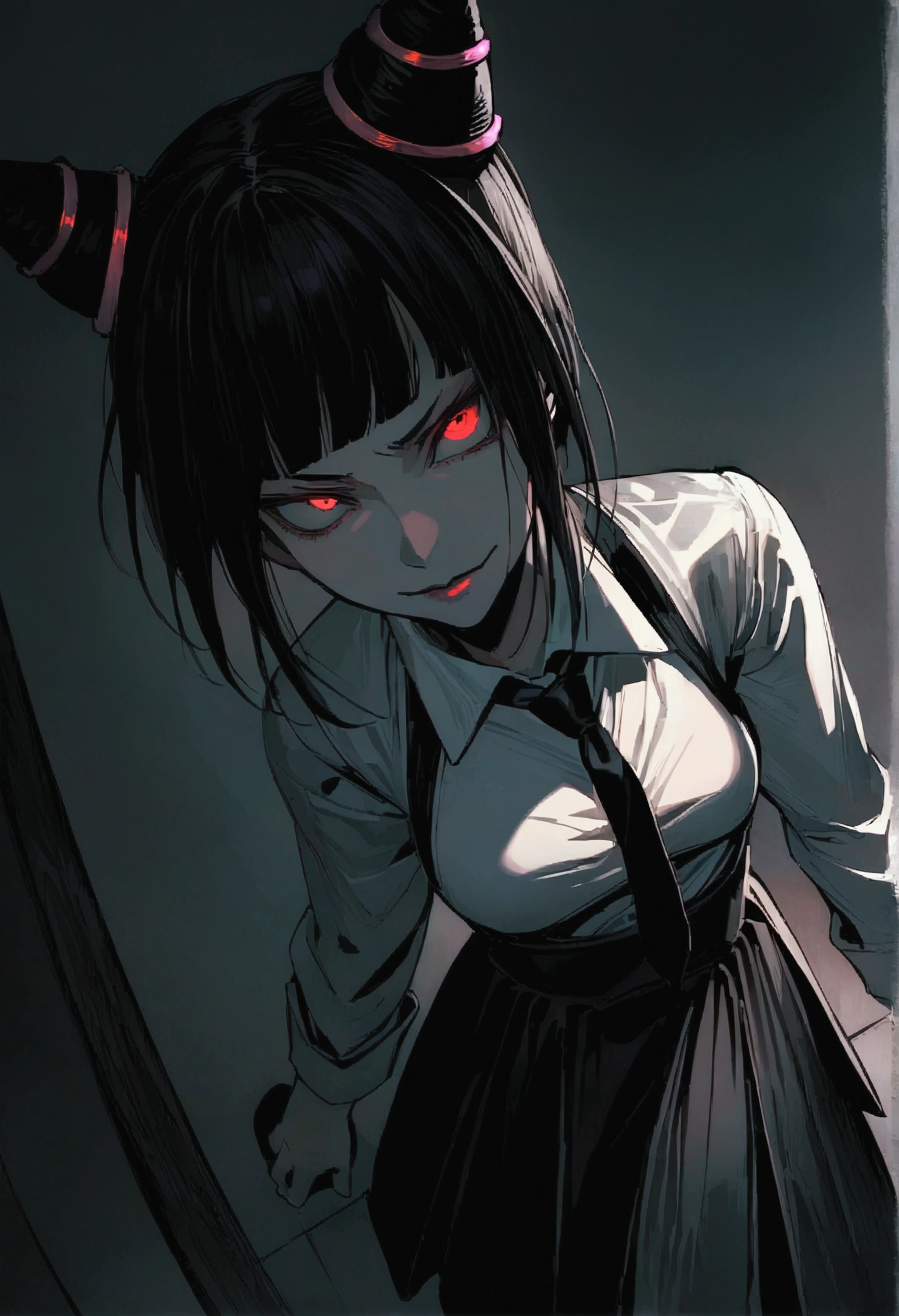 Juri Han, Artwork, fitted white secretary shirt with black tie, black high-waist skirt, skirt short,sock, Bblack hair, scary black sun,desk,bangs on the eyes,Lighting,hair horn,from above view,staring overhead,Evil smile
