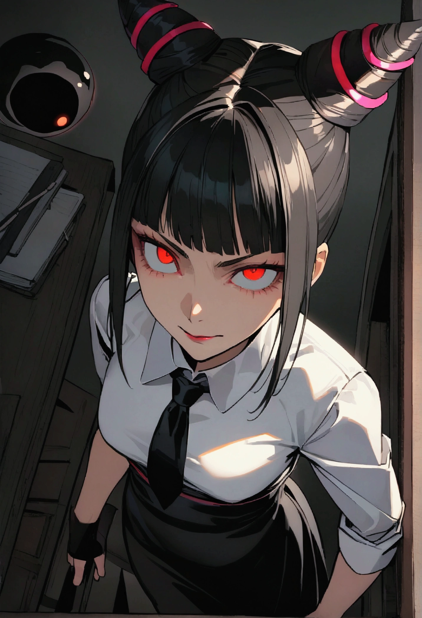 Juri Han, Artwork, fitted white secretary shirt with black tie, black high-waist skirt, skirt short,sock, Bblack hair, scary black sun,desk,bangs on the eyes,Lighting,hair horn,from above view,staring overhead,Evil smile