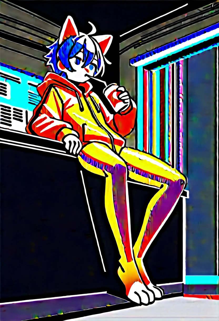 Highest quality, Highest quality, High quality illustrations, masterpiece, Ultra-high resolution, Detailed Background, room, Absurd, Perfect Anatomy, performance, Good lighting, Shadows in the movies(kemono, Furry PersonifiCation), Cat, Rubber Suit, latex, neon, neonライト, neonカラー, Bodysuits, Cyber Suit, cyber punk, Orange Rubber Hoodie, Drinking canned coffee, Earrings, Tattoo, Dynamic Angle