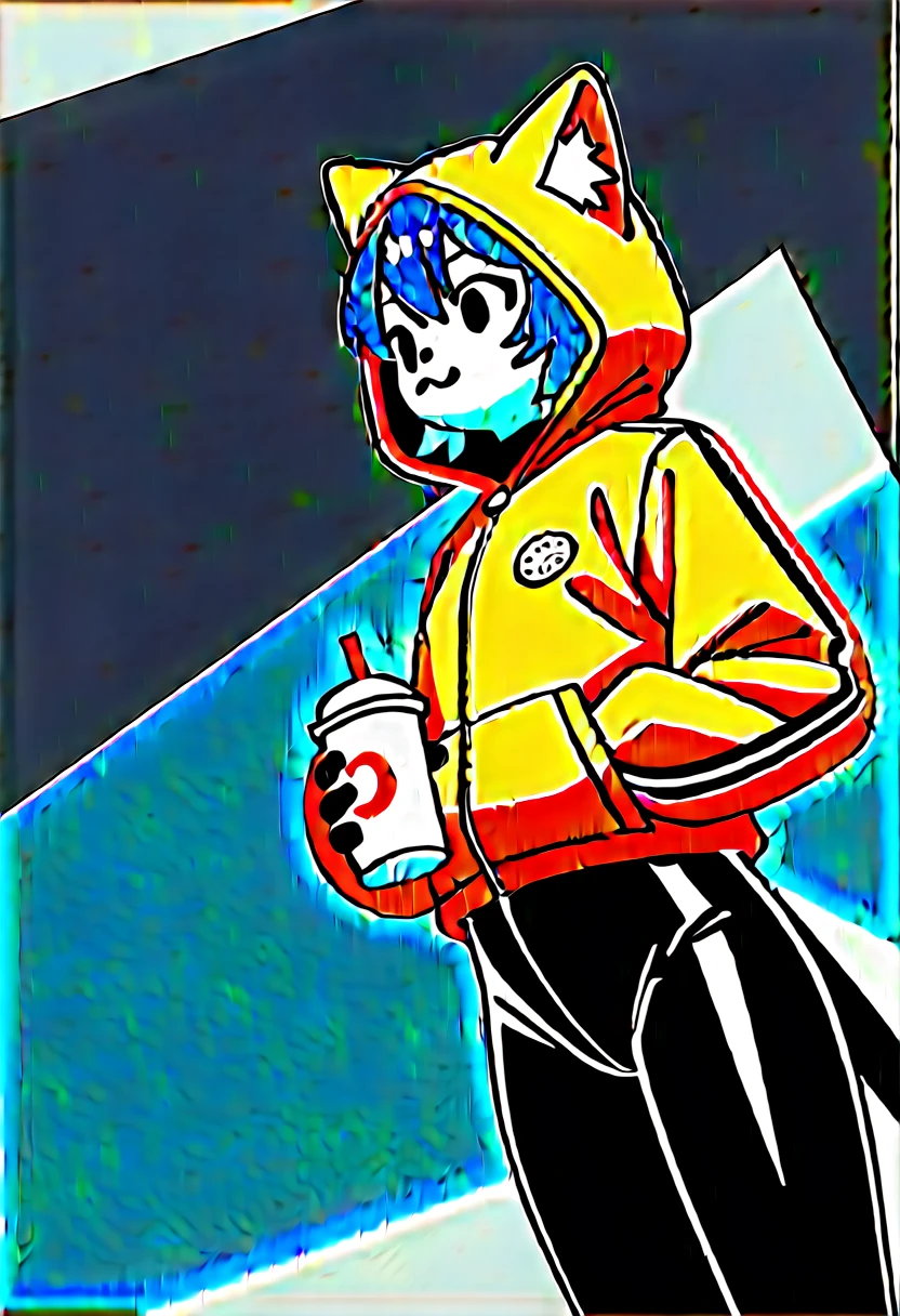 Highest quality, Highest quality, High quality illustrations, masterpiece, Ultra-high resolution, Detailed Background, room, Absurd, Perfect Anatomy, performance, Good lighting, Shadows in the movies(kemono, Furry PersonifiCation), Cat, Rubber Suit, latex, neon, neonライト, neonカラー, Bodysuits, Cyber Suit, cyber punk, Orange Rubber Hoodie, Drinking canned coffee, Earrings, Tattoo, Dynamic Angle