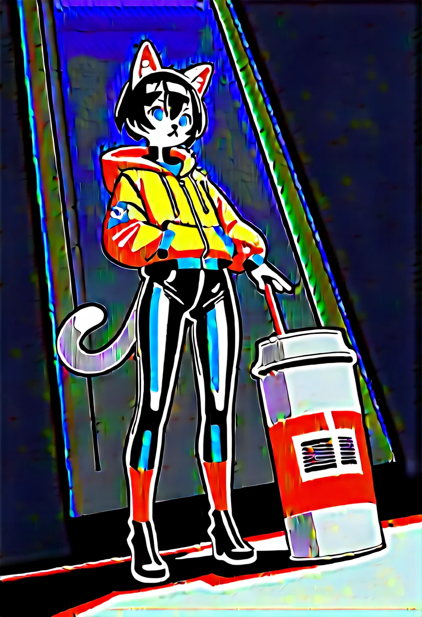 Highest quality, Highest quality, High quality illustrations, masterpiece, Ultra-high resolution, Detailed Background, room, Absurd, Perfect Anatomy, performance, Good lighting, Shadows in the movies(kemono, Furry PersonifiCation), Cat, Rubber Suit, latex, neon, neonライト, neonカラー, Bodysuits, Cyber Suit, cyber punk, Orange Rubber Hoodie, Drinking canned coffee, Earrings, Tattoo, Dynamic Angle