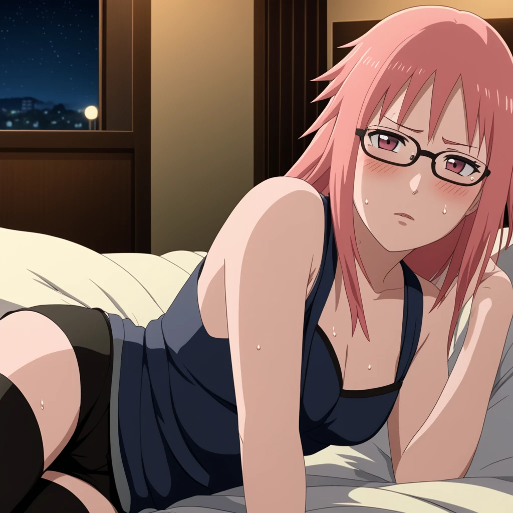 red hair, 1 woman, glasses, long hair, conjunctivitis, lonely, setยาว, black above knee stockings, 黑色shorts, umbilical cord, looking at the audience，No students, Japanese cartoons screencap, Japanese cartoons coloring,src_Japanese cartoons,Naruto \(set\), Naruto shippuuden,（（Blush，awestruck，vision，））Masterpiece， nonsense ， （complicated details）， （colorful）， light， Very detailed CG unity 8k wallpaper. ，1 woman， alone，（shy，in the hotel，lying in bed，nighttime，Blush，awestruck，sweatออก，蕾丝set， ），sweat，Blush，Blush1.5，Blush，Medium bust，（（set，vest，shorts，black stockings，luxury hotel，nighttime，）），（set，strap，shorts，lying on the bed，uncomfortable expression，）