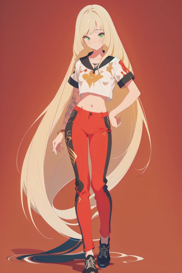 ((Highest quality)), ((masterpiece)), (Familiar), Lusamine,Tattoo,thin,Long blonde hair,Small breasts,Small breasts,Erect nipples,Adult female,Green Eyes,Slanted Eyes,White and black T-shirt,No sleeve,Gold embroidery,Black shoes,Fascinating,Red pants