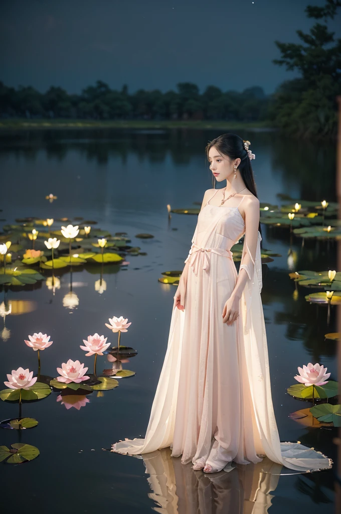 (((best quality))),(((ultra detailed))),(((masterpiece))),illustration,((1 beautiful young girl,solo)),((slim,thin)),(shoulder length straight hair:1.2),((earrings,necklace)),((small breasts,flat chest)),(see through traditional pink sheer Hanfu dress:1.3),((slender legs,loafers)),(beside the lotus pond full of lotus flowers:1.3), serene moonlight, ethereal,floral pattern, water movement, billowing fabric, tranquil,petals, fireflies, magical, light,warm light, dreams, invitation, (standing:1.3),(arms behind back:1.3),gazing, reflection, inner thoughts, emotional, sweet scent, natural beauty, solitude, hypnotic lull, eternal summer,(night scene:1.3), natural world, human spirit, celebration, backdrop, water, glow,(from front:1.3),(full body:1.3)