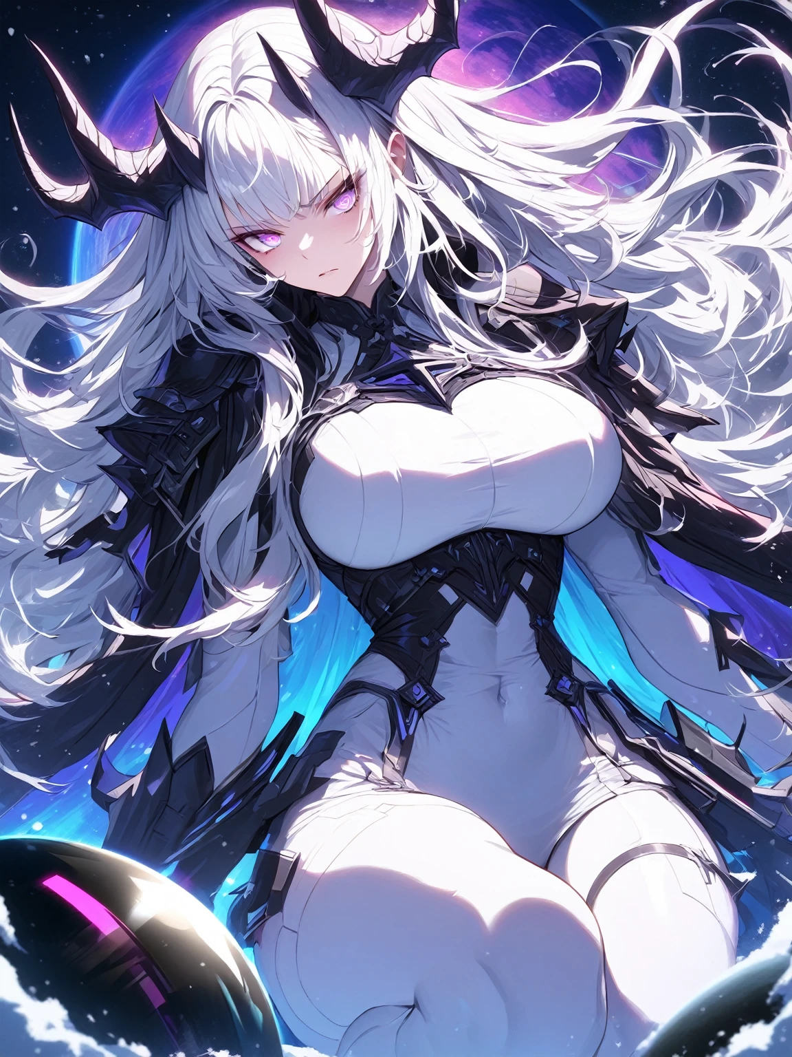 Masterpiece, very detailed, ultra detailed, one, (1 woman), she is in an ancient black futuristic military uniform, and in an full position, long hair, bright white hair, snow-white hair and hair on the sides, white demonic horns, beautiful, charming, bright purple eyes, neon eyes, bright eyes, elegant, big breasts, serious face, cold face, charming, against the background of space planets and a black hole.