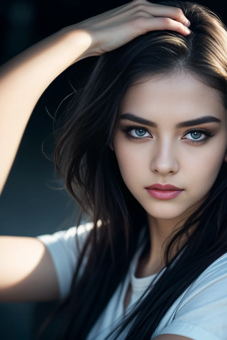 realistic young girl, beautiful detailed eyes, beautiful detailed lips, extremely detailed eyes and face, longeyelashes, 1girl, short black sleeve shirt, short jeans, visible legs, slim figure, photorealistic, 8k, hyper detailed, masterpiece, cinematic lighting, vibrant colors, dramatic lighting, dramatic pose, elegant, fashion style, natural light