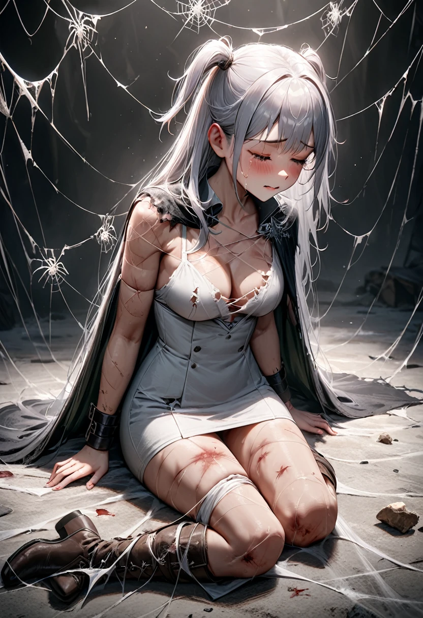 (best quality), (masterpiece), very aesthetic, absurdres, high res, all detailed, realistic, (two side up), long hair, silver hair, (red pencil Dress, One side shoulders armor with Cape, pencil miniskirt:1.14), boots, medium cleavage, [white panties], [black thigh-highs], (injury skin, scar skin, bleeding skin, torn clothes:1.15), Broken Armor, cloth pieces, BREAK NSFW, solo, 1girl, (spdrwrp, Huge spider web, bondage, white spider silk, bound limbs, restrained:1.16), lying, on back, (closed eyes, cry, tears), sigh, blush, sweat, (indoors, Room full of spider webs, prison), cinematic lighting, diffraction spikes, three quarter view