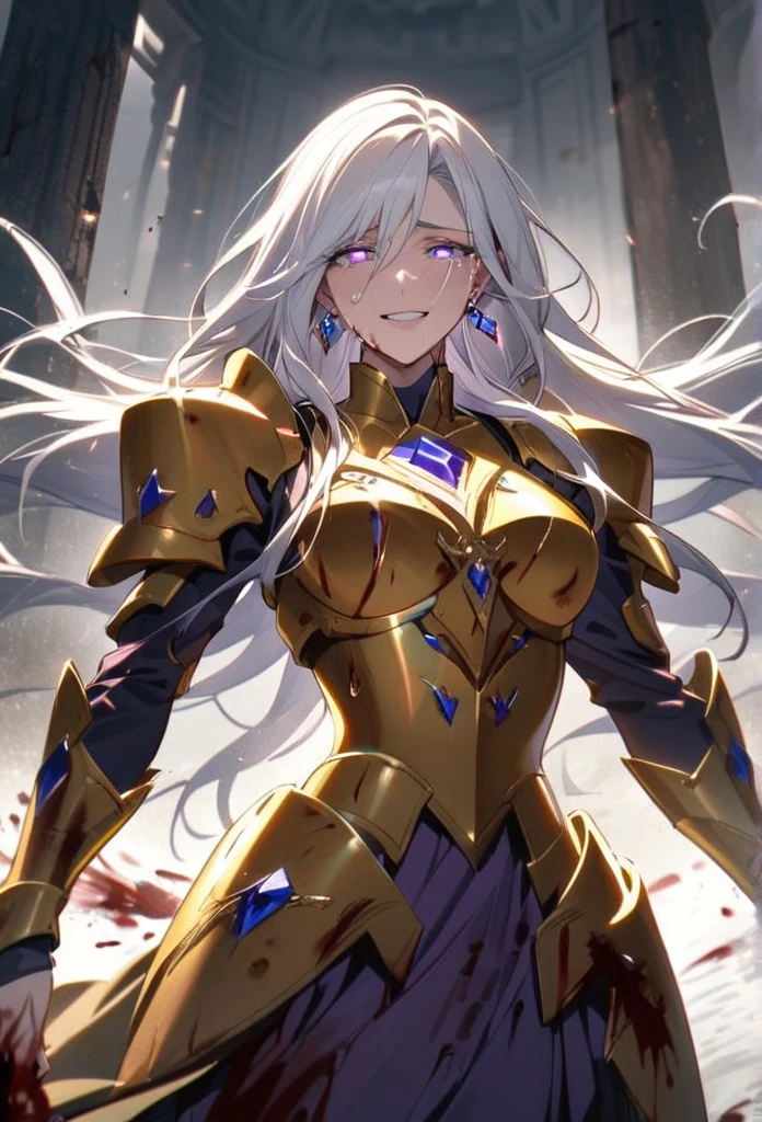 woman, blue eyes, long hair, white hair, mature, god eyes, diamond earings, glowing right eyes, two colors eyes, purple eyes, golden armor, injured, blood, dead, tears, smile slightly